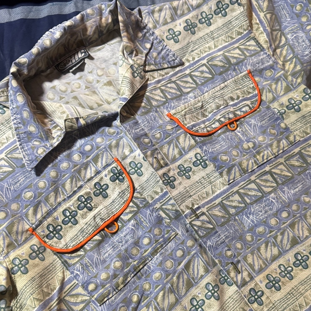 Stylish Men's Geometric Pattern Shirt with Orange Accents